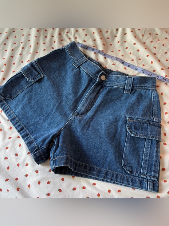 Too Hot Pants - 90s Too Hot High-Rise Heavy Blue Denim Micro Cargo Shorts Size 26